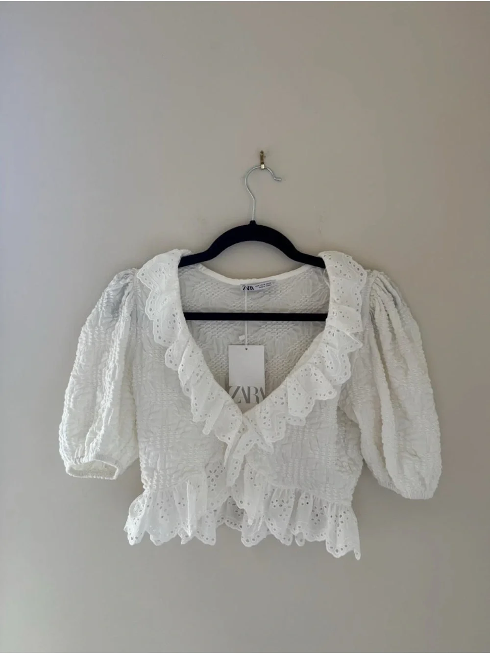 Zara White Eyelet Ruffle Peplum Crop Blouse